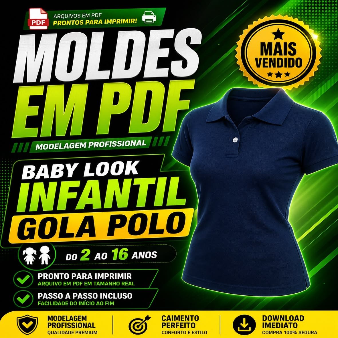 Molde Baby Look Infantil Gola Polo Tradicional (2 a 16 Anos)