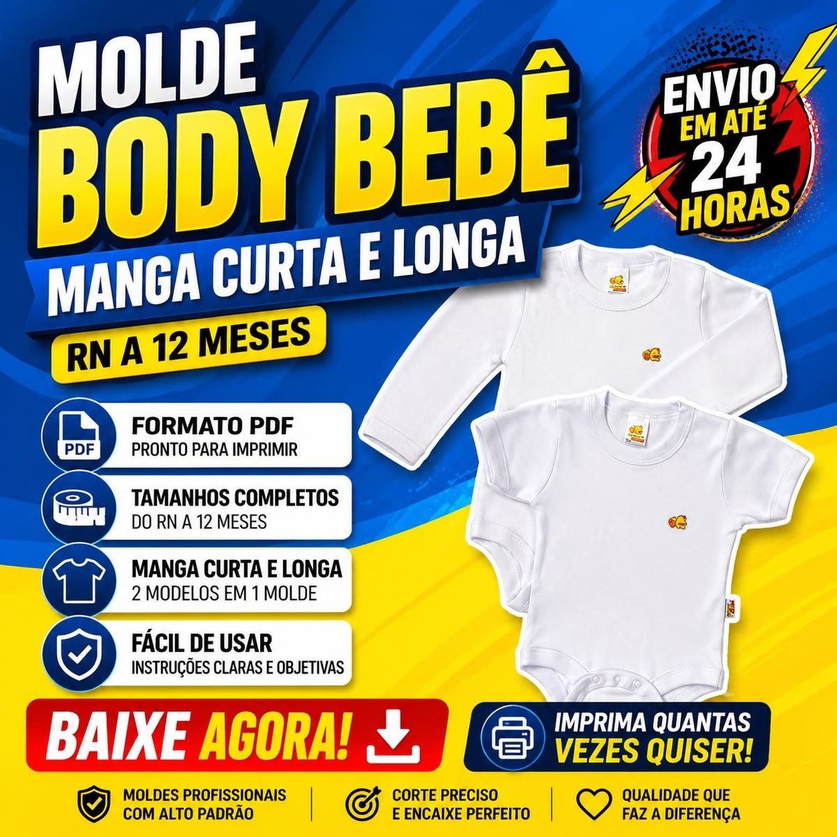 Molde Body Bory Bebê Manga Curta e Longa (RN a 12 Meses)