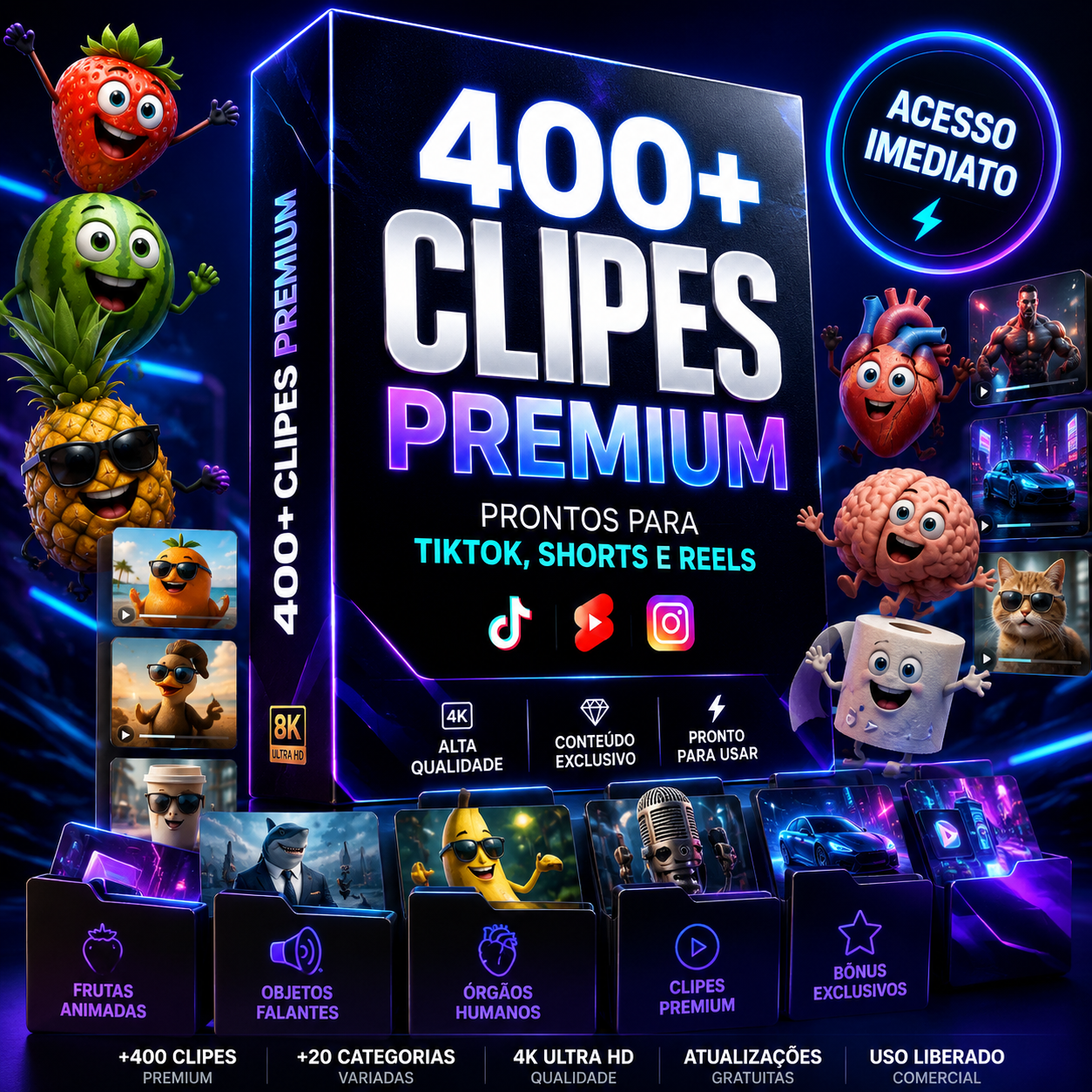 Pack 400+ Vídeos Animados IA Clipes 3D - Histórias de Frutas e Órgãos Falantes
