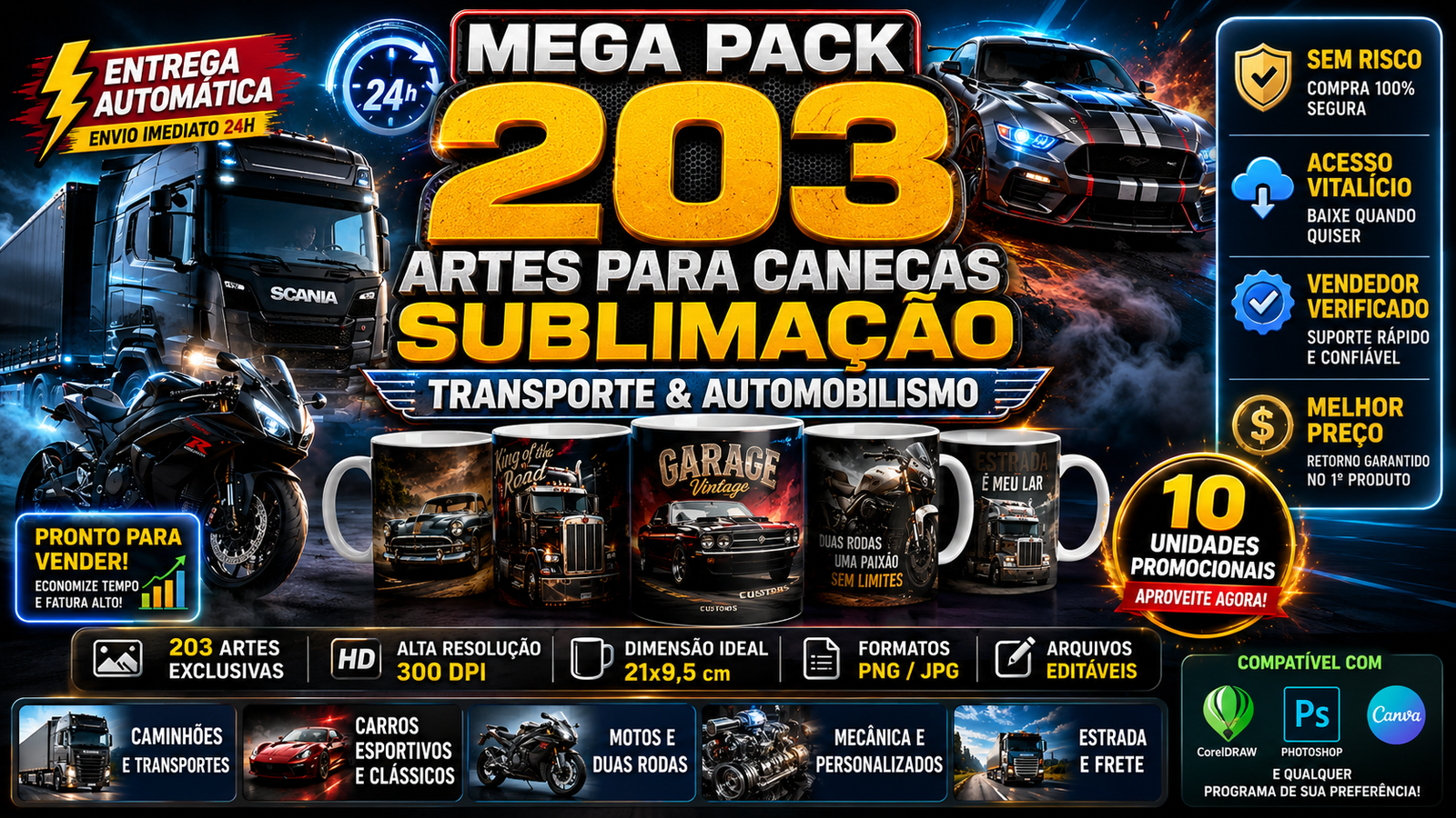 🚚 MEGA PACK 203 ARTES CANECAS SUBLIMAÇÃO TRANSPORTE & AUTOMOBILISMO 🚗💨 [ENTREGA AUTOMÁTICA]